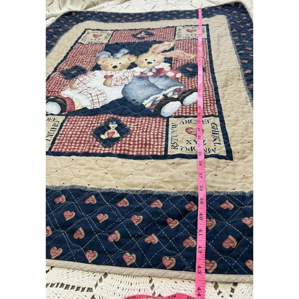 Vintage Teddy Bear Baby Quilt Blanket Red Blue Hearts Cottagecore Daisy Kingdom
